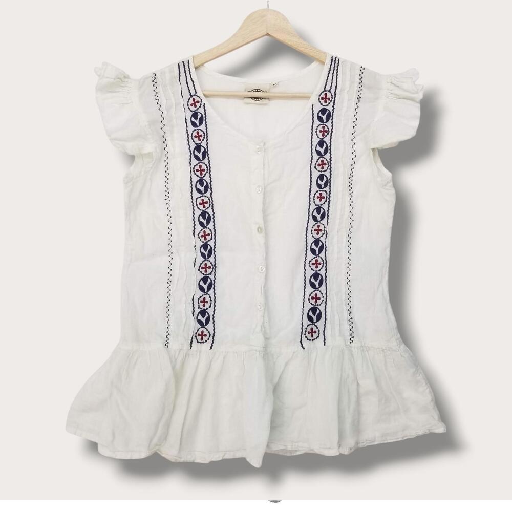 Rod's 100% Cotton Embroidered Ruffled Top Womens‎ Medium Off White Sleeveless